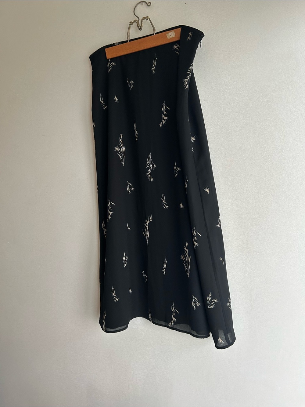 Vintage Black Midi Skirt with White Botanical Print